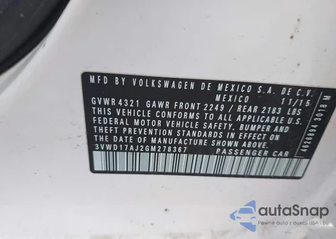 2016 Volkswagen Jetta 1.8T Sport из США, поврежденный, VIN 3VWD17AJ2GM278367